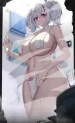 1girls absurdres areola_slip azur_lane blue_towel breasts condensation female grayfoxpochi hand_on_glass highres huge_breasts indoors iron_blood_(azur_lane) light-skinned_female light_skin long_hair multicolored_hair prinz_adalbert_(azur_lane) prinz_adalbert_(bathroom_slip-up)_(azur_lane) red_eyes red_hair shower_(place) solo streaked_hair tile_wall tiles towel twintails two-tone_hair white_hair white_towel