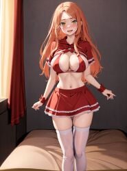 ai_generated bedroom indoors large_breasts little_red_riding_hood little_red_riding_hood_(cosplay) long_hair orange_hair red_hoodie skirt thighs tokyo_revengers yellow_eyes yuzuha_shiba