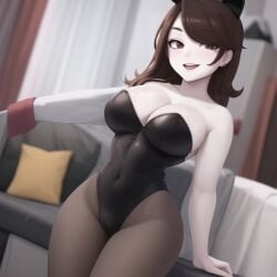 1girls ai_generated blush breasts brown_hair bunnysuit exposed_breasts female female_only fluffy human jaiden jaiden_animations jaidenanimations playboy_bunny pussy smile solo white_body