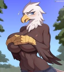 ashamed bald_eagle big_breasts big_thighs blush braless breasts cooliehigh covering_breasts eagle feathers holding_breast large_breasts open_jeans startled talons topless