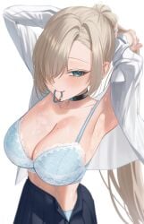 1girls asuna_(blue_archive) big_breasts blonde_hair blue_archive blue_bra blue_eyes bra breasts cleavage female female_focus female_only huge_breasts large_breasts long_hair meraring solo