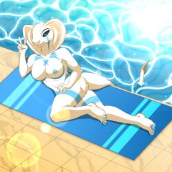 absurd_res anonymous_artist anthro blue_nipples breasts female hi_res holley_silver nipples nude poolside reptile scalie snake solo