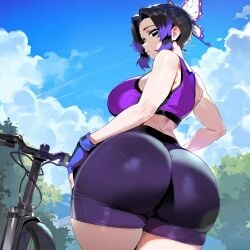 1girls ai_generated artstyle_imitation ass booty_shorts breasts dat_ass demon_slayer female floox hi_res high_resolution hips huge_ass kimetsu_no_yaiba kochou_shinobu large_breasts light-skinned_female light_skin long_hair naughty_face purple_eyes purple_hair short_shorts shorts sports_bra sportswear stable_diffusion thiccwithaq_(ai_style) thick_thighs thighs wide_hips