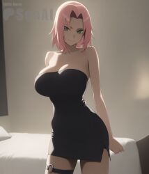 1girls ai_generated big_breasts cleavage curvy dress green_eyes looking_at_viewer naruto naruto_(classic) naruto_(series) pink_hair pose sakura_haruno seacreator solo