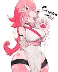 1girls anthro anthro_only anthrofied big_breasts choker claws clothed clothing dress english_text fang fang_out fangs female female_only fishnets generation_9_pokemon gloves half-closed_eyes hi_res high_ponytail legwear long_hair looking_at_viewer nintendo paradox_pokemon pawpads paws pink_body pink_hair pink_skin pokémon_(species) pokemon pokemon_sv red_hair robe scream_tail simple_background smile smiling smiling_at_viewer solo tattoo text thick_thighs toge77789 togetoge white_background wide_hips yellow_eyes