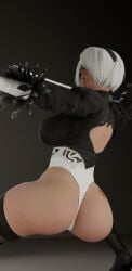 1girls 3d ass ass_focus big_ass blindfold breasts clothing female female_only hairband leotard light-skinned_female light_skin nier nier:_automata short_hair solo sword thick_thighs thighhighs typeninez white_hair yorha_2b