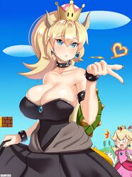 2girls absurdres armlet artist_name black_dress blowing_kiss blue_eyes blush bowsette bracelet breasts cleavage clothed clouds collar crown danfer3 dress earrings female female_only fire fire_breathing fully_clothed genderswap_(mtf) hair_between_eyes heart highres horns huge_breasts humanoid humanoidized long_hair mario_(series) new_super_mario_bros._u_deluxe nintendo outdoors ponytail princess_peach rule_63 sharp_fingernails shell skindentation spiked_armlet spiked_bracelet spiked_collar spiked_shell standing super_crown super_mario_bros. surprised