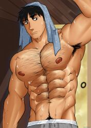 1boy abs armpit_hair armpits bara biceps black_hair bluewdump daddy hairy_chest jujutsu_kaisen looking_down low-angle_view male male_nipples male_only male_pubic_hair manly mature_male muscular muscular_male nipples pecs solo solo_male toji_fushiguro unimpressed wet