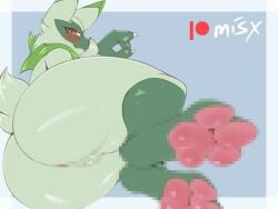 anthro ass ass_focus blush censored censored_feet censored_genitalia censored_pussy female female_only floragato furry generation_9_pokemon looking_at_viewer misx pok&eacute;mon_(species) pokemon rear_view