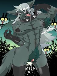 bikini female furry grey_hair open_mouth pussy red_eyes solo swimsuit uncensored wolf yonoduki