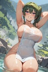 ai_generated armpit_fetish armpits athletic_female bare_legs big_breasts curvaceous curvy_female flyingpancake green_hair huge_breasts light-skinned_female light_skin looking_at_viewer massive_breasts purple_eyes side_ponytail smiling solo_female sousou_no_frieren squatting sweat sweatdrop thermal_waters thick_thighs thighs towel towel_only ubel_(sousou_no_frieren) voluptuous voluptuous_female