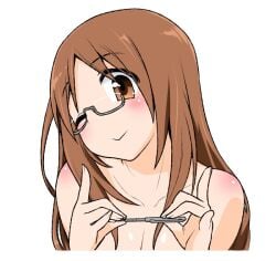 1girls blush blushing_shoulders breasts brown_eyes brown_hair celtrance cleavage eyebrows eyebrows_visible_through_hair female glasses glasses_on_face half-rim_glasses hazel_eyes holding_pen k-on! long_hair looking_at_viewer naked naked_female pen sawako_yamanaka_(k-on!) smile smile_at_viewer smiling smiling_at_viewer solo solo_female solo_focus tagme teacher white_background winking winking_at_viewer