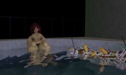 3d :< ahoge dark_red_hair goofylookin hospital_ship hot_tub large_areolae model_ship roblox self_upload shorts_only solo_female zenian_(goofylookin)