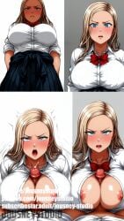 1boy ai_generated angry areolae between_breasts blonde_hair blue_eyes blush bow bowtie breast_press breasts button_gap closed_mouth clothes_around_waist clothing collared_shirt comic dress_shirt english_text engrish_text female forehead frown glaring gyaru huge_breasts jacket jousneystudio kurashiki_reina large_breasts long_hair looking_at_viewer male multiple_views nipples no_bra nose_blush open_mouth original paizuri penis pleated_skirt pov red_bow red_bowtie saimin_seishidou school_uniform scowl shirt skirt sleeves_rolled_up straight teeth uncensored uniform v-shaped_eyebrows white_shirt