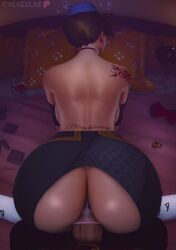 1boy 1girls 3d ass ass_focus back_tattoo back_view backboob bedroom big_breasts bleached blender broken_condom brown_hair_female camera condom condom_on_penis condoms curvy_female curvy_figure earrings from_behind half_naked huge_ass indoors light-skinned_female male_pov no_bra overwatch overwatch_2 pillow pov queen_of_hearts ripped_pants short_hair sylaellas tattoos tracer vaginal_penetration vaginal_sex