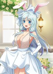 1girls alternate_costume arifureta_shokugyou_de_sekai_saikyou big_breasts blue_eyes blue_hair breasts bunny_ears bunny_girl busty cleavage dress dress_lift female female_only gloves hair_ribbon hi_res large_breasts legs lifted_by_self long_hair looking_at_viewer no_bra official_art open_mouth shea_haulia sideboob smile thighs voluptuous