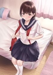 bed blush brown_eyes brown_hair collarbone commentary_request curtains female highres indoors knee_socks kneehighs kneesocks lips original pleated_skirt school_uniform serafuku short_hair sitting skirt socks solo undressing white_socks yukimaru217