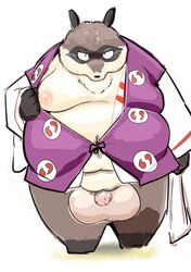 2018 anthro balls belly big_balls canine clothing flaccid hachiemon inuyasha male male_only mammal moobs nipples overweight overweight_male penis robe sigenoya simple_background solo tanuki white_background