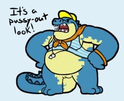 animal_genitalia belly bottomless charm_ad cloaca clothed clothing crocodile crocodilian makara male male_only overweight overweight_male reptile scalie shirt slightly_chubby tokyo_afterschool_summoners visor_cap