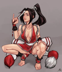 2d asmo breasts brown_eyes brown_hair clothed fatal_fury feet female female_only full_body grey_background hand_fan human king_of_fighters leotard light-skinned_female light_skin long_ponytail looking_at_viewer mai_shiranui medium_breasts nipple_bulge pale-skinned_female pale_skin ponytail signature snk solo spread_legs squatting stirrup_socks toes watermark