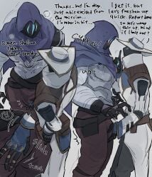 2boys bara big_bulge bulge clothing cypher_(valorant) english_text gay male male/male male_only muscular_male no_visible_face omen_(valorant) riot_games text valorant yaoi