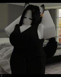 3d arms_behind_head big_breasts black_hair black_tail blender_(software) blender_cycles blush cher924 closed_eyes clothed_female fox_ears fox_girl no_sex raised_arm roblox robloxian self_upload tilted_head watermark white_skin