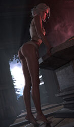 3d ass big_ass bomyman butt cd_projekt_red ciri closed_eyes clothed_female eyes_closed eyeshadow female female_only green_eyes indoors panties scar side_view skinny solo the_witcher_(series) the_witcher_3:_wild_hunt tied_hair tree viewed_from_below white_hair wooden_floor