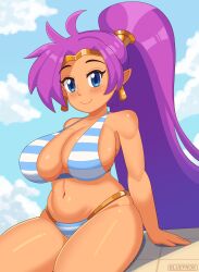 1girls big_breasts bikini bikini_bottom bikini_top blue_bikini blue_eyes bluefrok blush bottomwear breasts cleavage ear_piercing earrings female female_only hair huge_breasts pointy_ears ponytail purple_hair shantae shantae_(character) smile solo solo_female striped_bikini swimwear thighs topwear