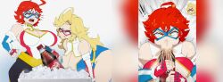 2girls bodysuit charlotte_vanders dr_pepper huge_breasts kamen_america kamen_america_(character) kamen_america_(series) kamen_comet light-skinned_female loftysundew misha_lovacova red_hair soda