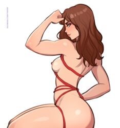 1girls 2d 2d_(artwork) areolae ass bondage breasts brown_hair female female_focus female_only flexing looking_at_viewer nipples rope rope_bondage simple_background solo solo_female solo_focus toksie