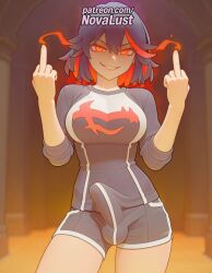 1futa 2025 \\\\\\\\m/ ai_generated artist_name breasts burning bust chest explosion finger_gun fire flame futanari glowing grin hi_res high_quality high_resolution highres index_finger_raised intersex kill_la_kill matoi_ryuuko middle_finger novalust orange_eyes patreon patreon_username pointing pointing_at_self pointing_at_viewer pointing_up shorts smile solo stable_diffusion watermark