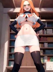 ai_generated bookshelf hands_on_hips large_breasts long_hair looking_at_viewer looking_down orange_hair team_rocket team_rocket_uniform tokyo_revengers underboob yellow_eyes yuzuha_shiba