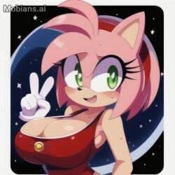 ai_generated amy_rose big_breasts breast_expansion breasts clothes_ripping green_eyes pink_fur pink_hair sonic_(series) sonic_the_hedgehog_(series) tight_clothing