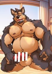 anthro balls belly brown_body brown_fur canid canine canis censored domestic_dog erection eyebrows fur genitals hi_res lifewonders live_a_hero male male_focus male_only mammal musclegut muscular navel nipples pecs penis pubraseer solo solo_male thick_eyebrows weight_gain yukikazefactory