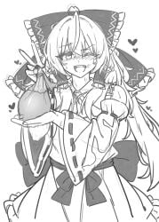1girls 2024 bow condom detached_sleeves filled_condom greyscale hair_tubes hairbow heart holding_condom holding_filled_condom looking_at_viewer one_eye_closed open_mouth presenting pubic_hair pubic_hair_in_mouth reimu_hakurei smile standing tagme touhou txtxt wink