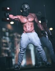 3d arm_tattoo bettybattaglia call_of_duty chest_tattoo cocky daddy dumbbell gloves lifting_weights male_only manly mask masked masked_male mirror nikto shirtless shirtless_male sneakers solo_male stomach_tattoo sweatpants tattoos tough_guy weights working_out