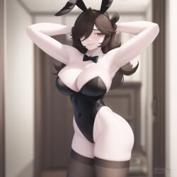 1girls ai_generated blush breasts brown_hair bunnysuit exposed_breasts female female_only fluffy human jaiden jaiden_animations jaidenanimations playboy_bunny pussy smile solo white_body