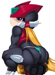 1boy android anus ass bodysuit femboy male_only mega_man mega_man_zero riso robot squatting thighs zero_(mega_man)