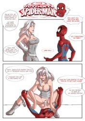 1boy 1girls age_difference cheating_boyfriend cleavage comic compensation cowgirl_position cum cum_in_pussy cum_inside dialogue english_text female female_on_top instant_loss_2koma large_breasts lipstick long_hair male marvel older_female panties_around_one_leg peter_parker recreator2099 sex silver_eyes silver_hair silver_sable silver_sablinova speech_bubble spider-man spider-man_(series) straight straight_hair text ultimate_spider-man vaginal_penetration younger_male