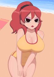 1girls big_breasts black_eyes bluefrok breasts cleavage envy_adams eyeshadow female female_only hair huge_breasts lips lipstick one-piece_swimsuit ponytail red_hair red_lips red_lipstick scott_pilgrim solo solo_female swimsuit swimwear thighs yellow_swimsuit