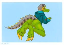 2018 anthro ass balls beanie bjyord bottomless clothed clothing crocodile crocodilian feet foot_focus gay hat headphones hoodie latch lethal_league looking_at_viewer looking_back male male_only presenting presenting_hindquarters prosthetic prosthetic_tail reptile scalie solo