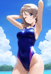 ai_generated blue_eyes breasts breasts_out brown_hair competition_swimsuit female levia9781 love_live! love_live!_sunshine!! medium_breasts navel nipples one-piece_swimsuit short_hair solo stomach swimsuit thighs watanabe_you wavy_hair