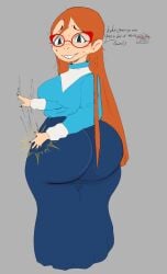 1girls ass_focus big_ass big_breasts breasts buckteeth challemgr female female_focus female_only fully_clothed glasses kindergarten_(game) kindergarten_3 long_hair looking_at_viewer looking_back ms._lovelett orange_hair spanking spanking_own_ass third-party_edit