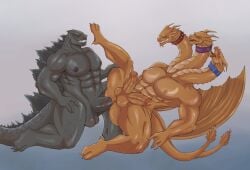 2_penises 2boys 3_heads abs anal anal_sex anthro blusing collar diphallia diphallism gay godzilla godzilla_(series) gritting_teeth kaiju kailov_ruje_(artist) king_ghidorah male male/male monsterverse multi_genitalia multi_head multi_penis muscular muscular_male penis smiling submissive submissive_male tongue_out