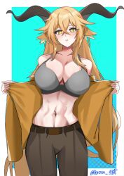 abs approaching arknights aurora_9bit bedroom_eyes blonde_hair blush bra degenbrecher_(arknights) goat_girl horns inviting jacket_open large_breasts long_hair looking_at_viewer massive_breasts removing_clothing seductive_look source_request undressing yellow_eyes