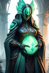 ai_generated android cloak clothing female frame64_(artist) hood horns humanoid pregnant pregnant_female solo tagme warframe_(species)