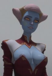 1girls ai_generated alien alien_girl areola areolae areolae_slip blue_body blue_skin cleavage cleavage_cutout clone_wars collar cutout duchess_eugene female female_only low-angle_view pantoran riyo_chuchi solo star_wars