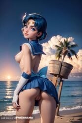 1girls ai_generated ami_mizuno artist_name ass back_bow beach bishoujo_senshi_sailor_moon blue_bow blue_choker blue_eyes blue_hair blue_sailor_collar blue_skirt blue_sky bow breasts choker circlet cloud day earrings elbow_gloves from_behind gloves hi_res horizon jewelry lips looking_at_viewer looking_back magical_girl medium_breasts mizuno_ami nipples no_panties nose ocean outdoors palm_tree patreon_username pleated_skirt progenarts pussy ribs sailor_collar sailor_mercury sailor_senshi_uniform sand short_hair skirt sky smile solo standing tiara tree uncensored upskirt water watermark web_address white_gloves
