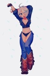 1girls angel_(kof) artist_request big_breasts black_thong blue_eyes boots breasts cleavage clothed female hands_behind_head hands_up jacket king_of_fighters light-skinned_female light_skin open_clothes open_mouth short_hair smile source_request thong white_hair