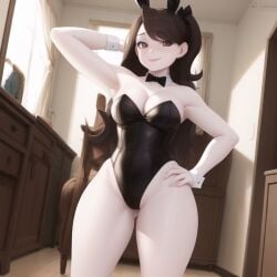 1girls ai_generated blush breasts brown_hair bunnysuit exposed_breasts female female_only fluffy human jaiden jaiden_animations jaidenanimations playboy_bunny pussy smile solo white_body